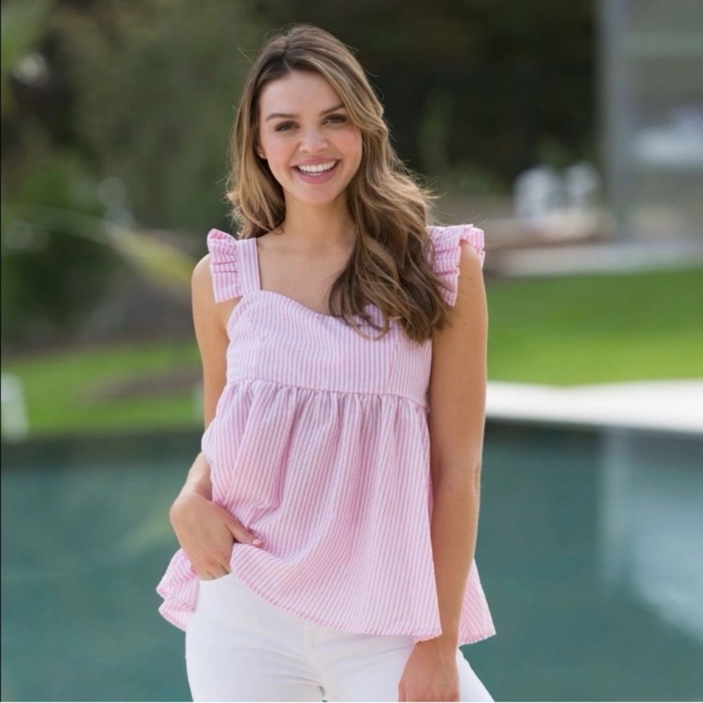 Simply Southern Tank Top Womens Pink White Stripe Seersucker Ruffle Shoulder XL